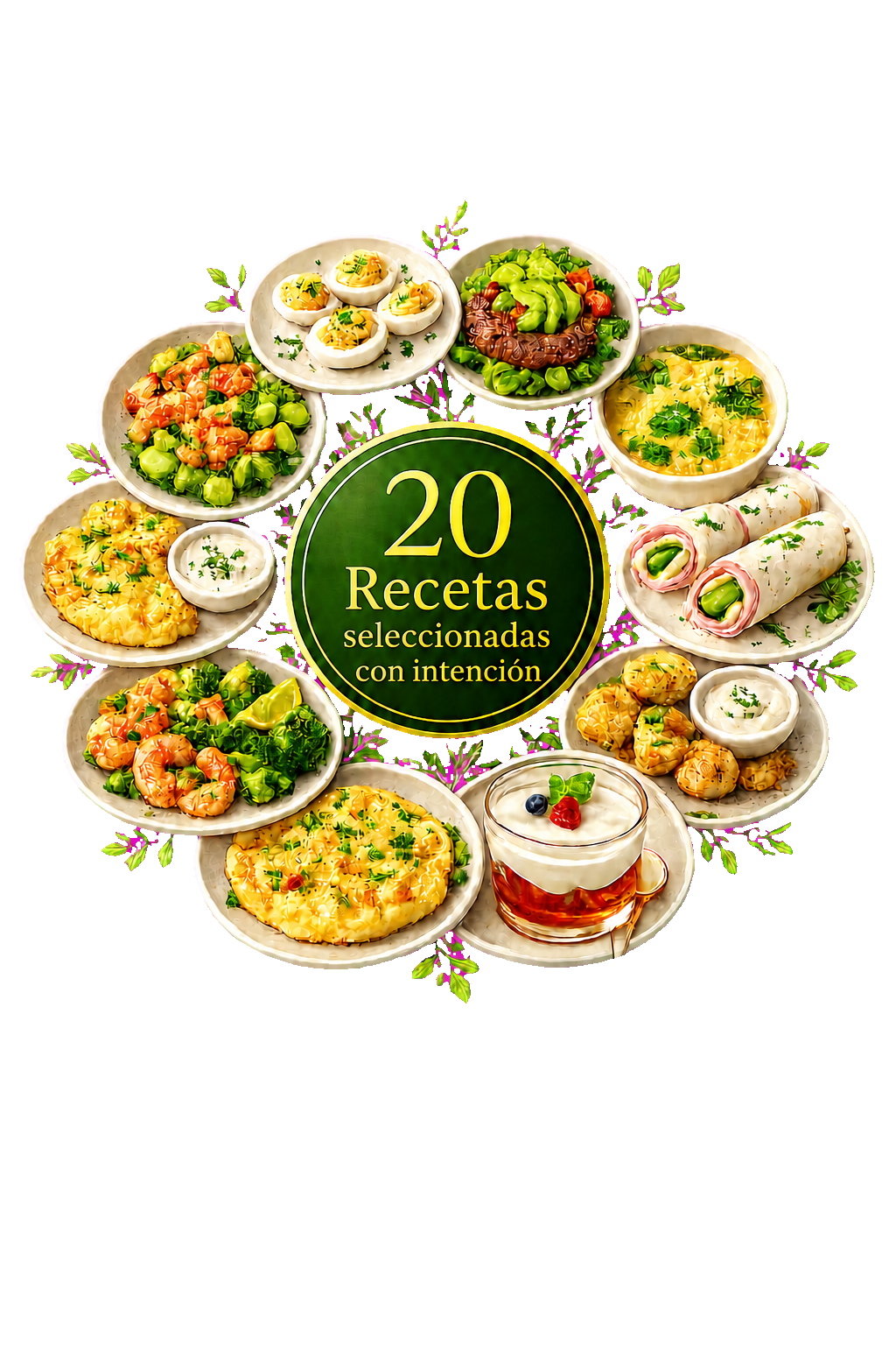 Selección visual de 20 recetas keto organizadas alrededor de un emblema verde